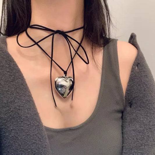 New Goth Black Velvet Big Heart Pendant Choker Necklace